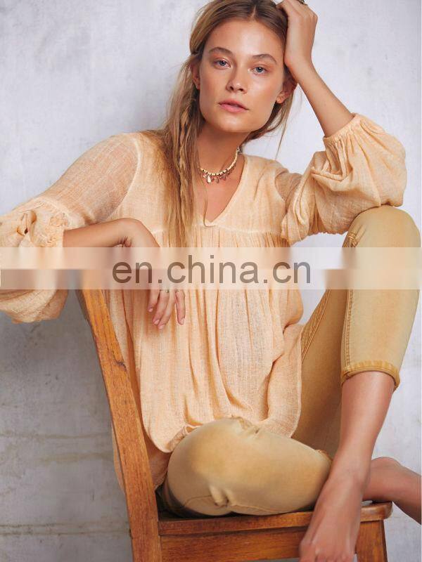 High quality 3/4 sleeve cotton yarn babydoll shirt , ladies gauze shirt