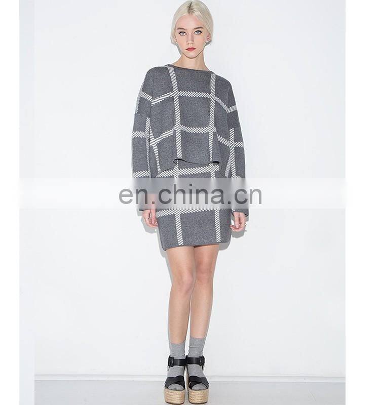 Manufacture wholesale clothing with grey grid check stripe long sleeve mini knit dress bureau