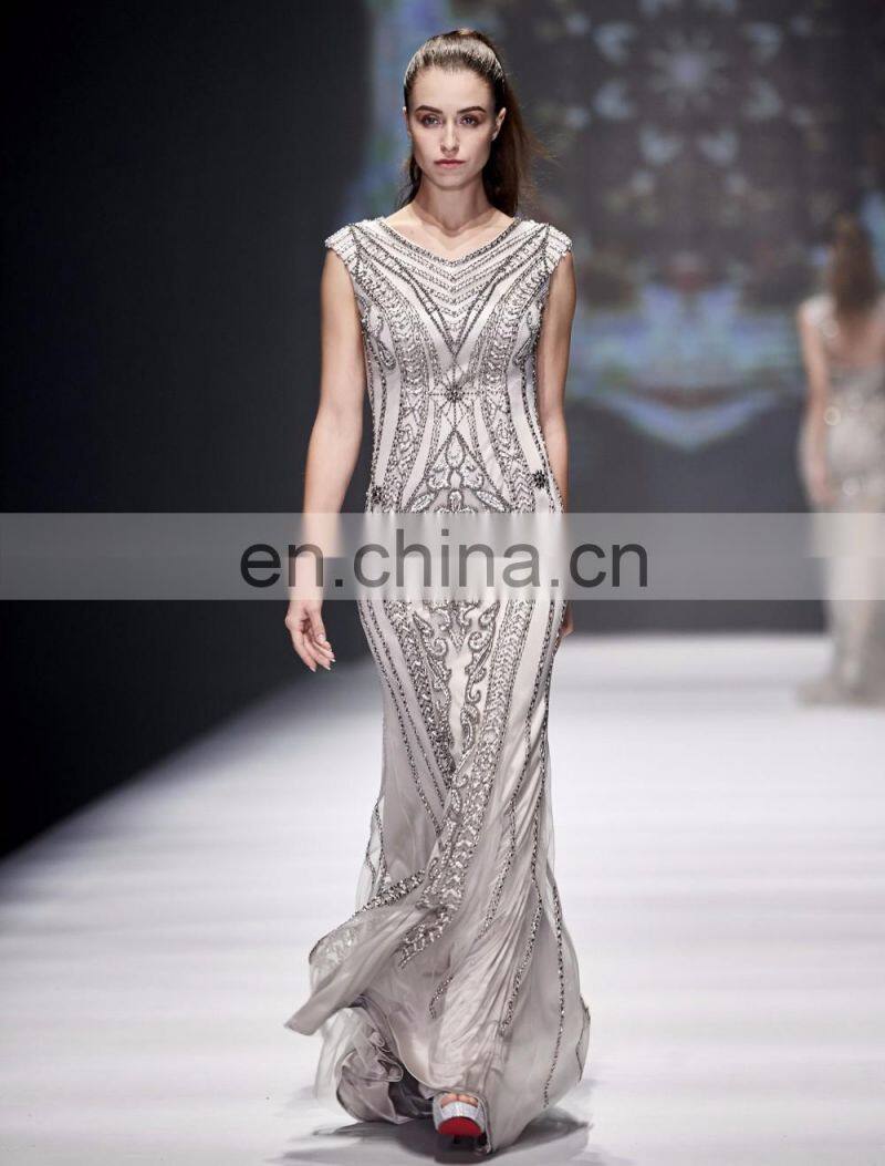 2017 B5460 Silver color halter net fabric beaded evening dresses & wedding dresses