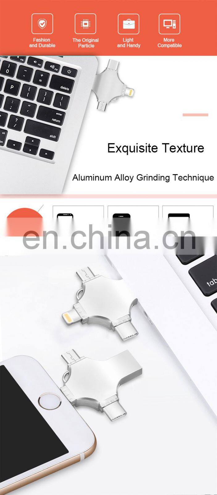 USB 2.0 Flash Drive Metal USB Memory Stick Drive FOUR Functions in One U Flash Disk for iPhone/iPad/android/PC