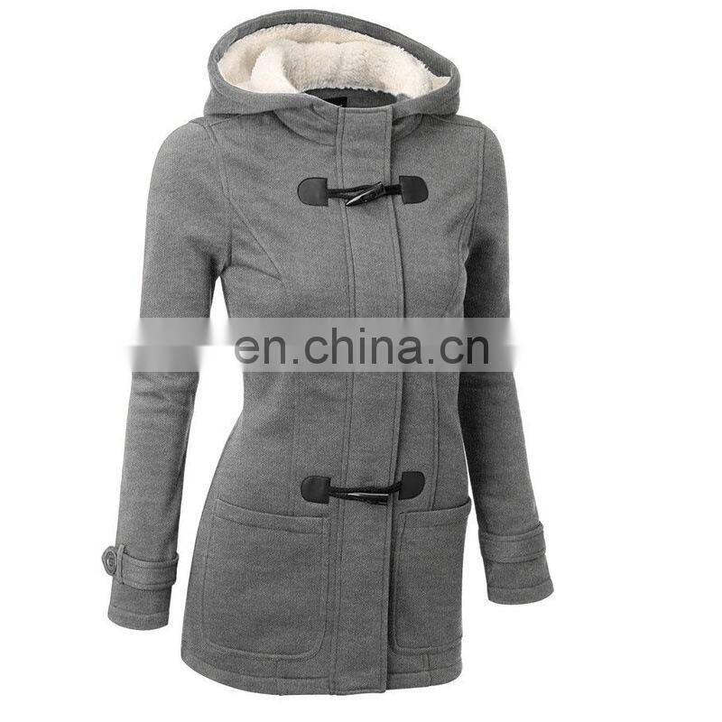 Manufacturer wholesale hooded mid-length women's coat with horns buckle plus size coat