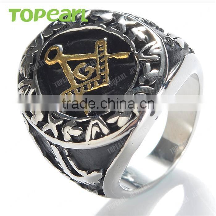 Topearl Jewelry Masonic Mason Gold-tone Oval Party Ring 316 Stainless Steel MER05-01