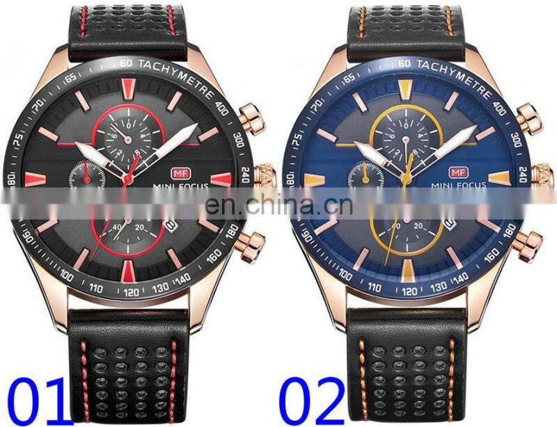 MINI FOCUS MF0002G 2018 New Fashion Big Dial Calendar Chronograph Analog Men Business Watches Luxury Leather Strap Dual Display