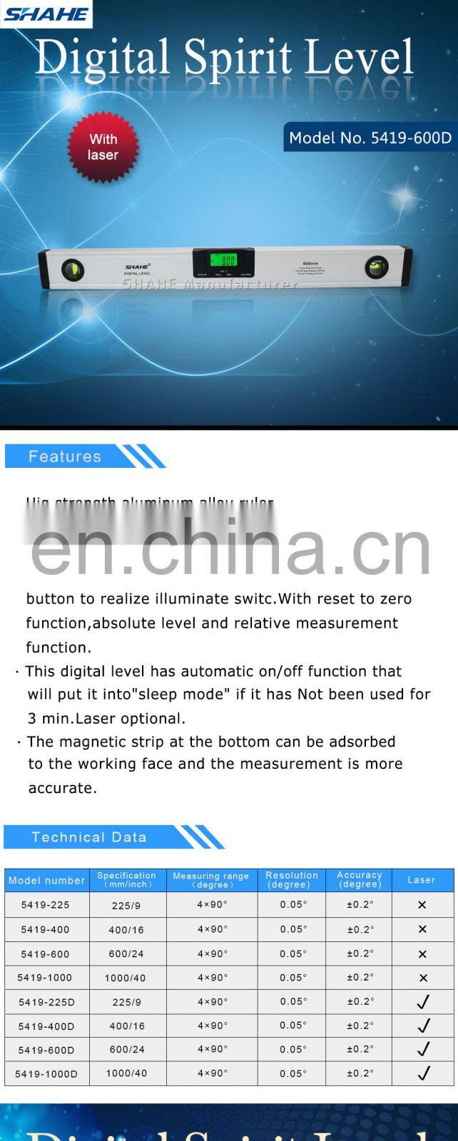 600mm Magnetic Digital Protractor Digital Spirit laser level Aluminum Alloy angle bubble level digital spirit level with laser