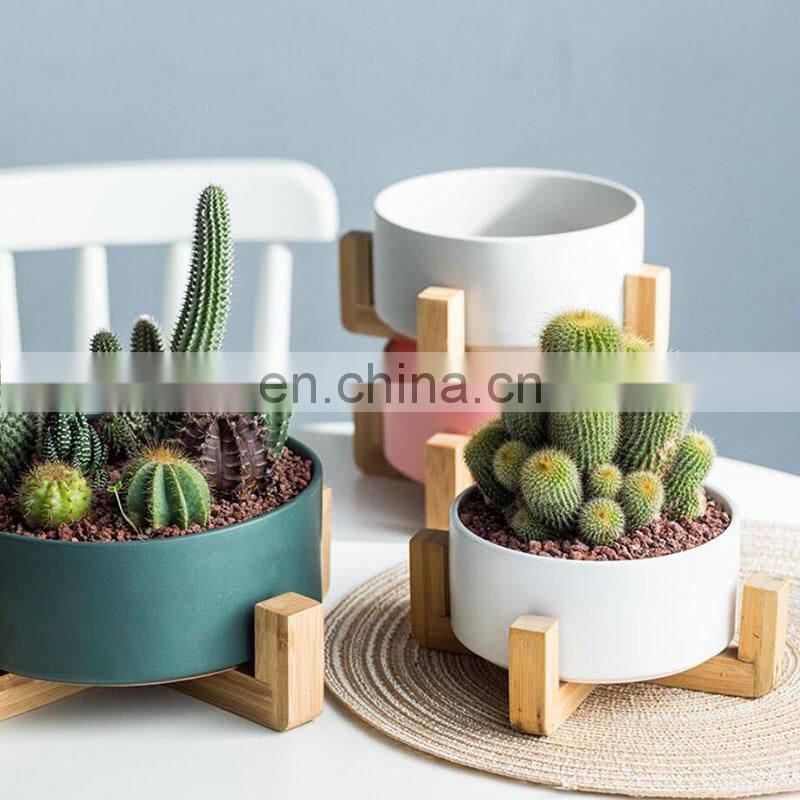 Factory Price Planter Pots Plants Ceramic Supplies Plant Home Garden Flower Pot With Wooden Rack