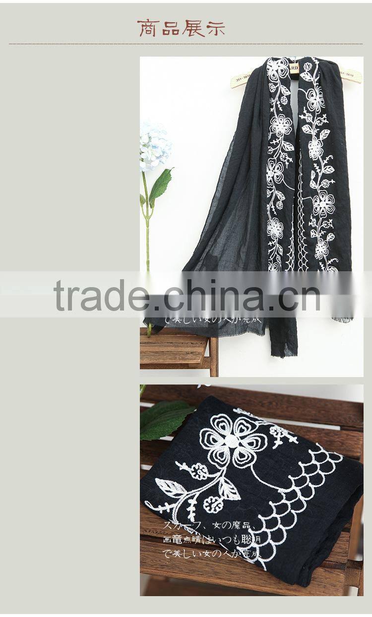 New Style Soft Long Cotton Flower Embroidery Hijab