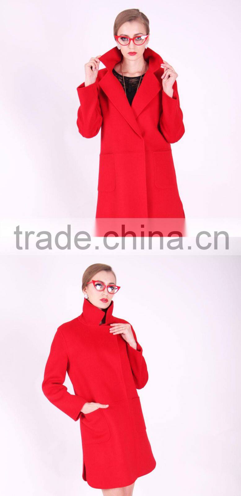 New Design Spring Women Medium Length Red Wool Coat