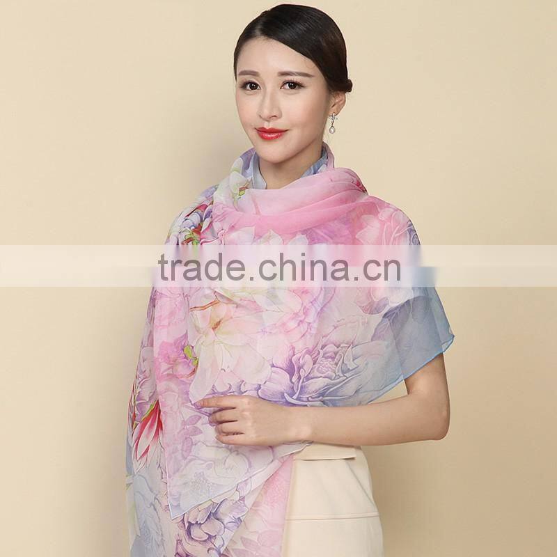 2016 summer high quality digital printed 100%pure silk scarf, hangzhou factory silk scarf shawl,modern vintage style scarf