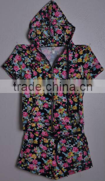 New Arrival Europe Style Floral Print Short Sleeve Casual Suit With Hat