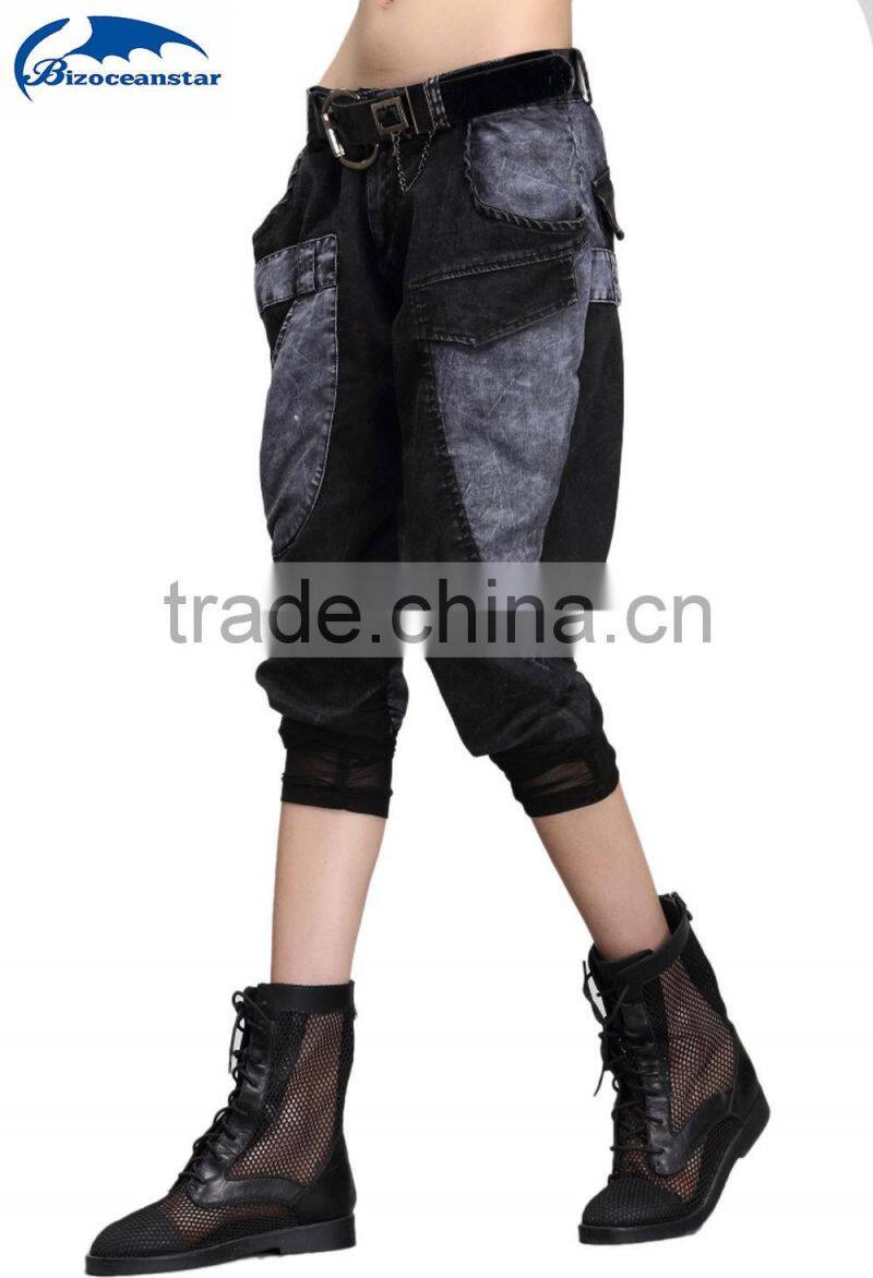Women Punk Rock Loose Jeans Capri Pants Washed Hip-hop Denim Harem Cropped-pants