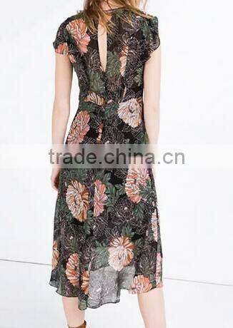 2016 women bohemian elegant butterfly sleeve floral print short sleeve long dress