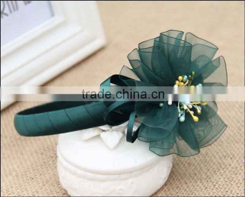 Handmade Organza Flower headband,Satin Ribbon Wrapped Plastic Headband for young girls
