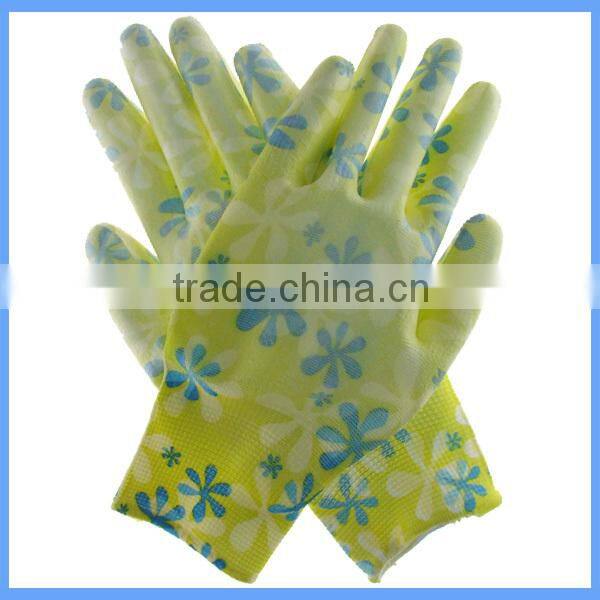 Flexible & Comfortable Knitted Polyester Printing Gardening PU Gloves With All Size