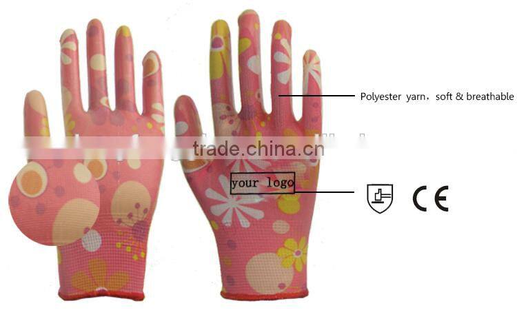 Hot Sale Transparent Nitrile Coated Polyester Printing Gardening Work Gloves For Lady
