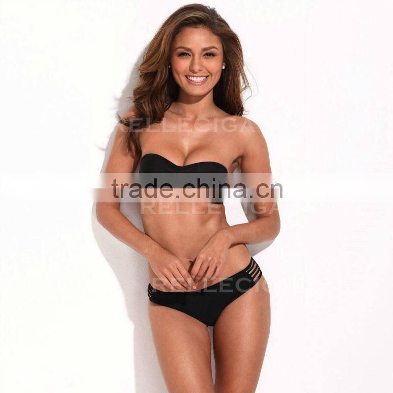 RELLECIGA Black Strappy Push-Up Bikini Swimwear Bandeau Top & Stretchy Cheeky Low Waist Bottom