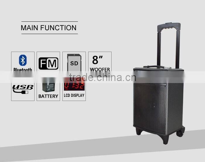 8inch promotion portable trolley speakers with bluetooth ,wireless MIC ,USB/SD/FM/Remote