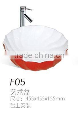 F05 Hot selling ceramic round bowl shape basin, colored basin white inside and red outside wash basin