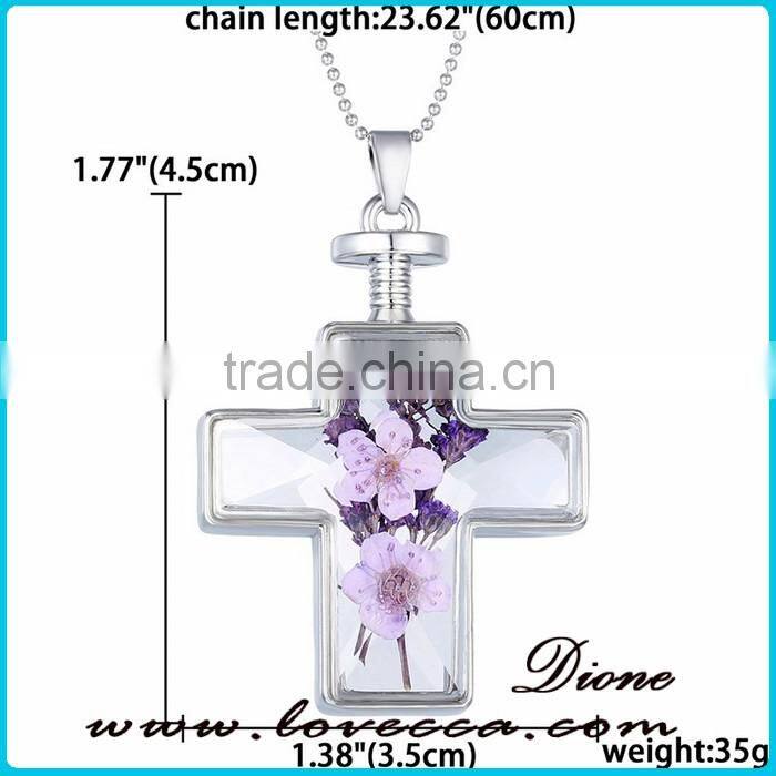 Fashion Latest Design Golden Cross Real Dried Flower Necklace Crystal