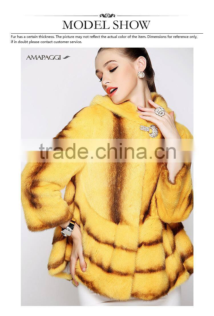 hot sale yellow cross mink coat with hood women warm fur coat for winter