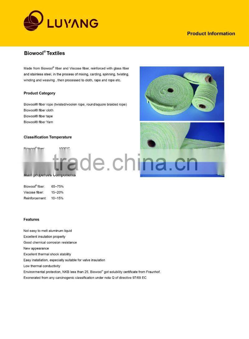 Bio-soluble fiber insulating cloth reinforced with fiber glass and stainless steel