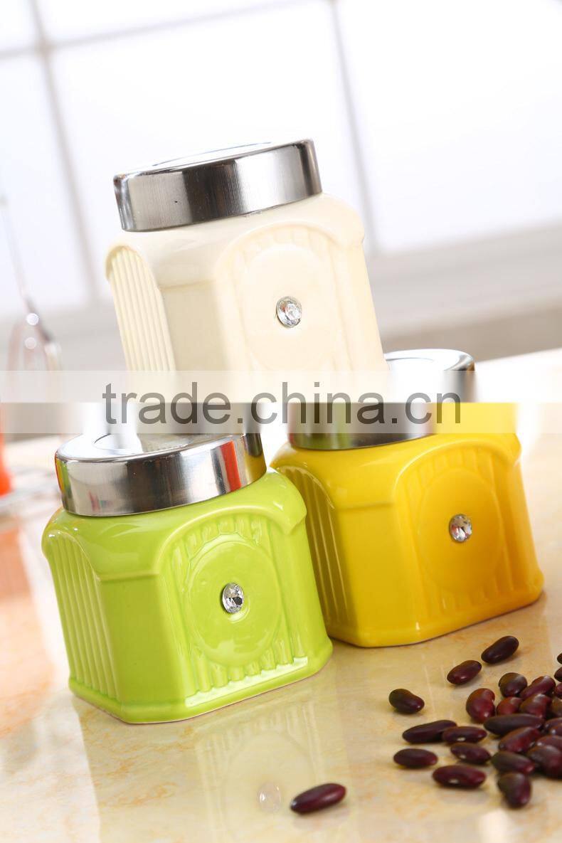 Kitchen ceramic canister set with stainless metal stand