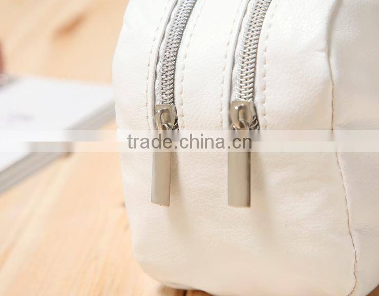 Elegant PU women handbags cosmetic purse white leather toiletry pouch with two large compartment