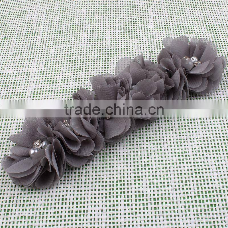 handmade chiffon flower headband with pearl beads center for kids hair accessories for baby girl