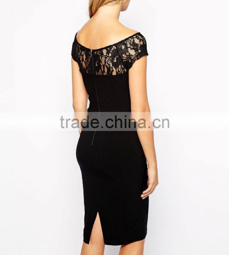 sexy ladies lace yoke cap sleeve evening dress slim black lace party dress