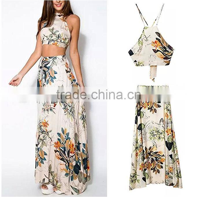 Women's Sexy 2 Piece Dress Set Slim Floral Backless Crop Toplong skirt+Maxi Dress