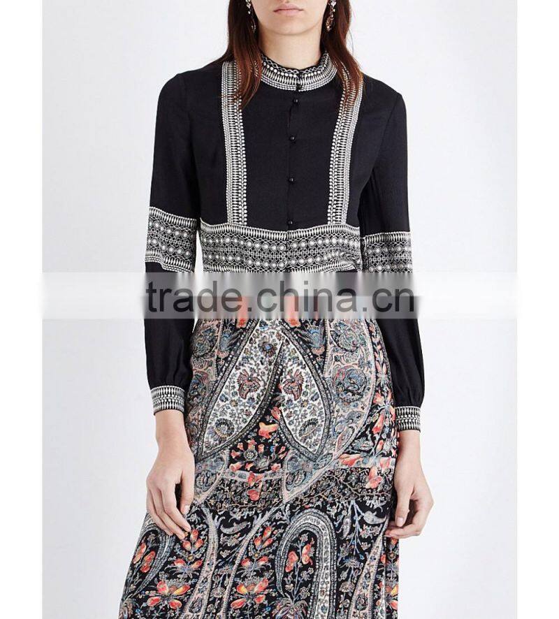 Wholesale Women High Neck Long Sleeves Buttoned Cuffs Geometric Embroidery Crepe Shirt(DQE0163T)