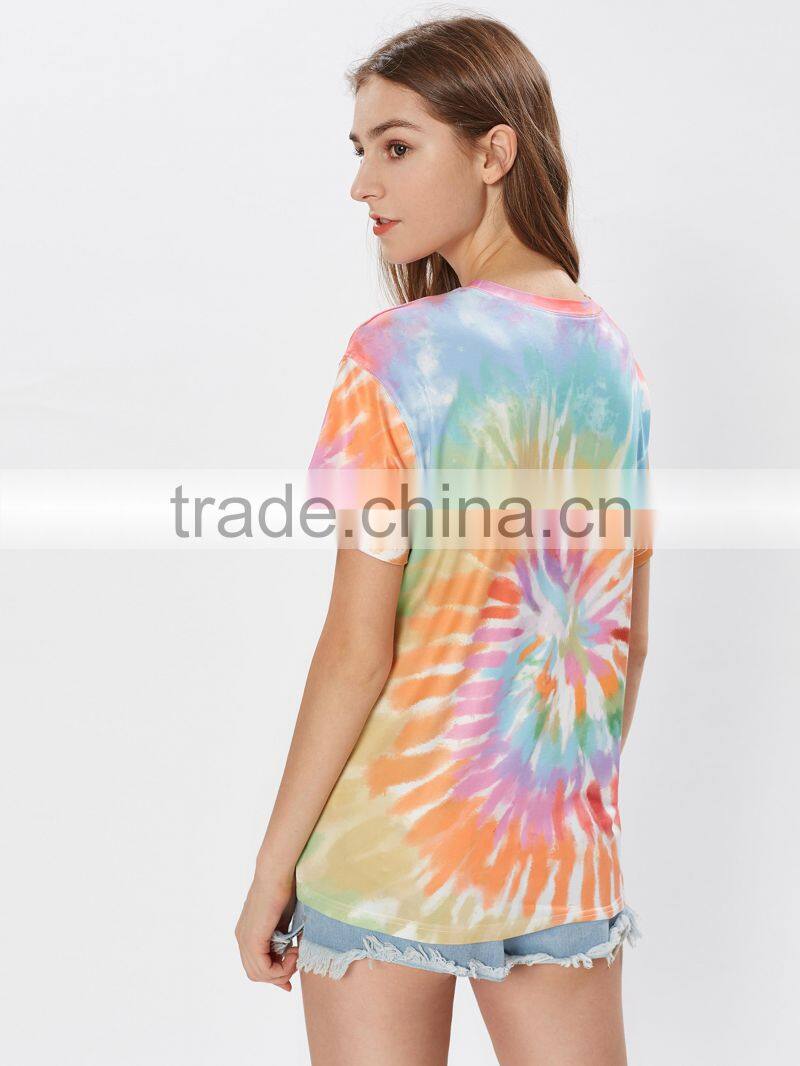 2017 Wholesale T-Shirt Tie Dye Drop Shoulder Rayon Stretchy Soft Tees Short Sleeve Printing Round Neck