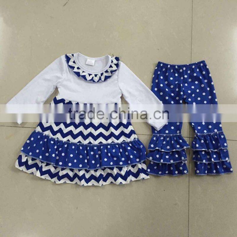 persnickety wholesale children's remake soft denim double ruffle dark blue jean color fashion kids clothes sets fall winter