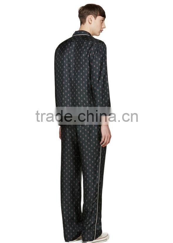 Black with white pipping men silk pajamas wholesale satin night wear