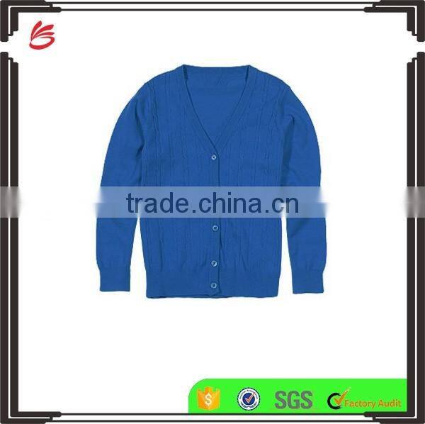 Latest! High Quality Bright Blue Button Through V-Neck Girls Long Sweater with Ribbed Trim