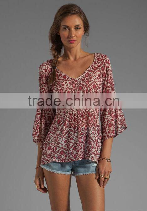 embroidered ruching detail flared sleeves blouse