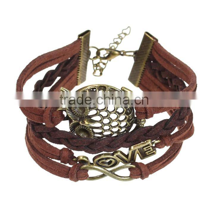Velvet Braiding Coffee W/Antique Bronze Infinity Symbol & Owl & "Love" Findings Halloween Ornaments 19cm long Bracelets