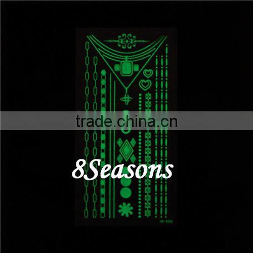 Newest Fashion Mixed Pattern Metallic Waterproof Glow In The Dark Body Temporary Arm Tattoo Sticker For Hand