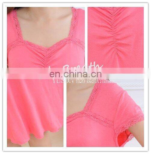 Lace trim square neck short sleeves bamboo sleep gown solid colors