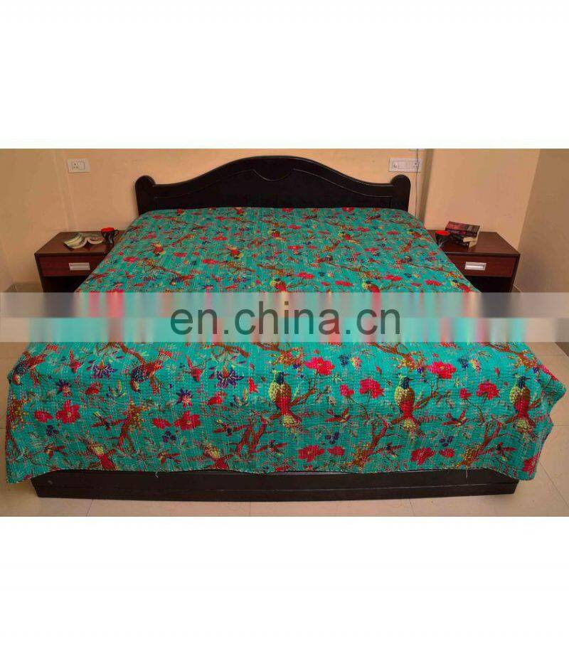 Queen Size Green Bird Of Paradise Kantha Quilt Bedding Bedcover Gudri