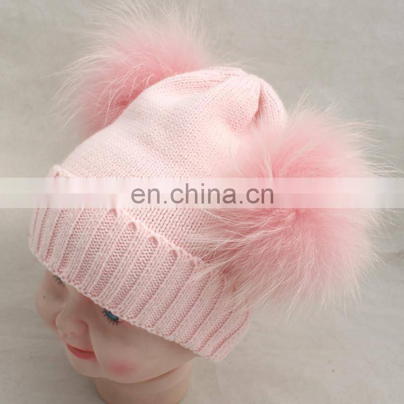 Wholesale Cute Baby Pink Knitted Kids Wool Hats Double Pom Pom Hat