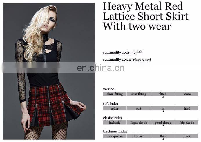 Red tartan pleated mini skirt with spikes and zippers Q-250 Punk Rave