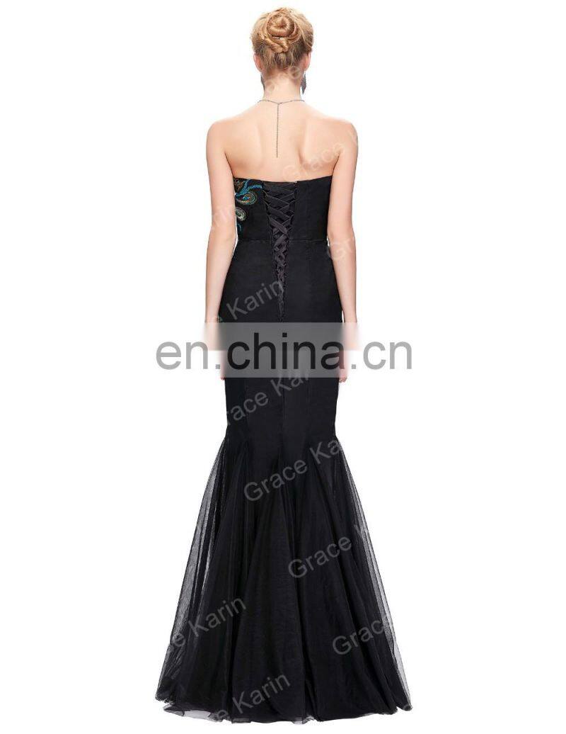 Grace Karin Full-Length Strapless Sweetheart Black Mermaid Peacock Prom Dress GK000080-1