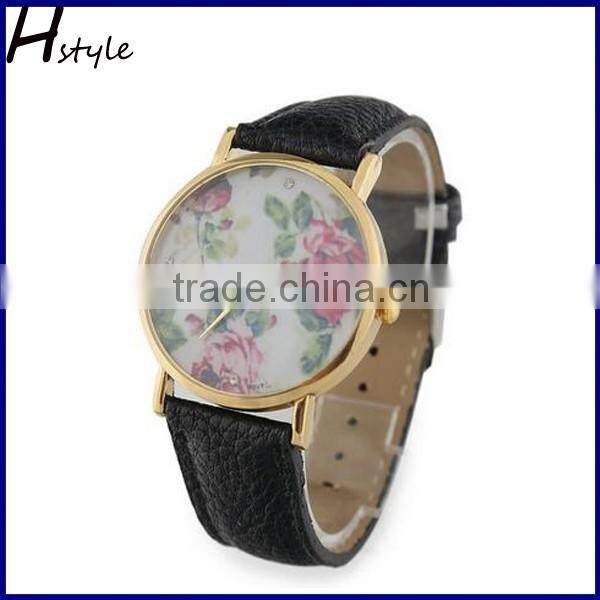 2016 High Quality Fashion Women Floral Quartz Watch Leather Wristwatch WP013