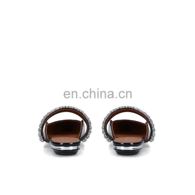 Black latest fancy flats women rhinestones attractive color design ladies flat patent leather handmade sandals shoes