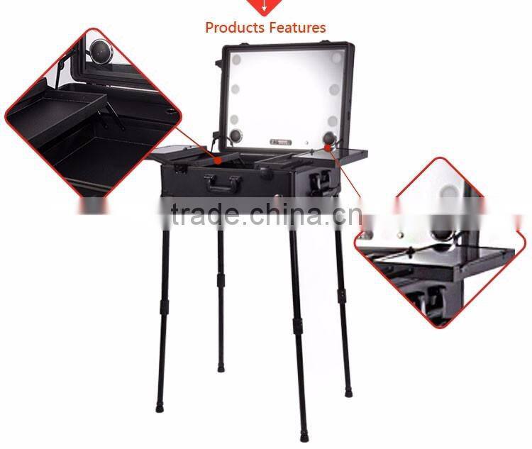 Alibaba promotional high quality Aluminum makeup trolley case with lights and mirror inside