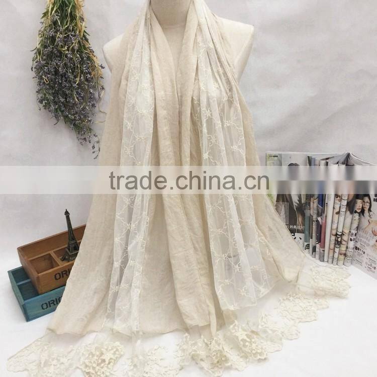 Latest Beautiful Charm Lace Pattern Plain Cotton Muslim Embroidery Scarf
