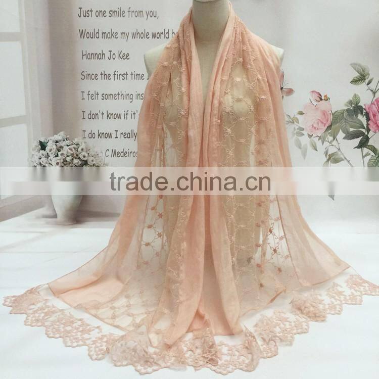 Latest Beautiful Charm Lace Pattern Plain Cotton Muslim Embroidery Scarf