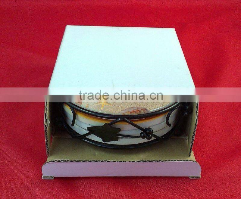 Sets of 4 metal frame absorbent printed round ceramic coaster with iron stand