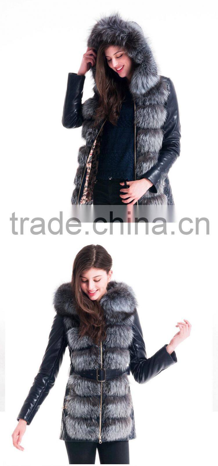 2015 Winter Leather Short Slim Fit Embroidered Women Coat With Belt Silver Fox Fur Hat