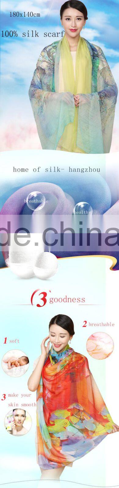 high quality scarf wholesale lady's elegant digital printed silk scarf, hangzhou silk chiffon scarves and shawls china